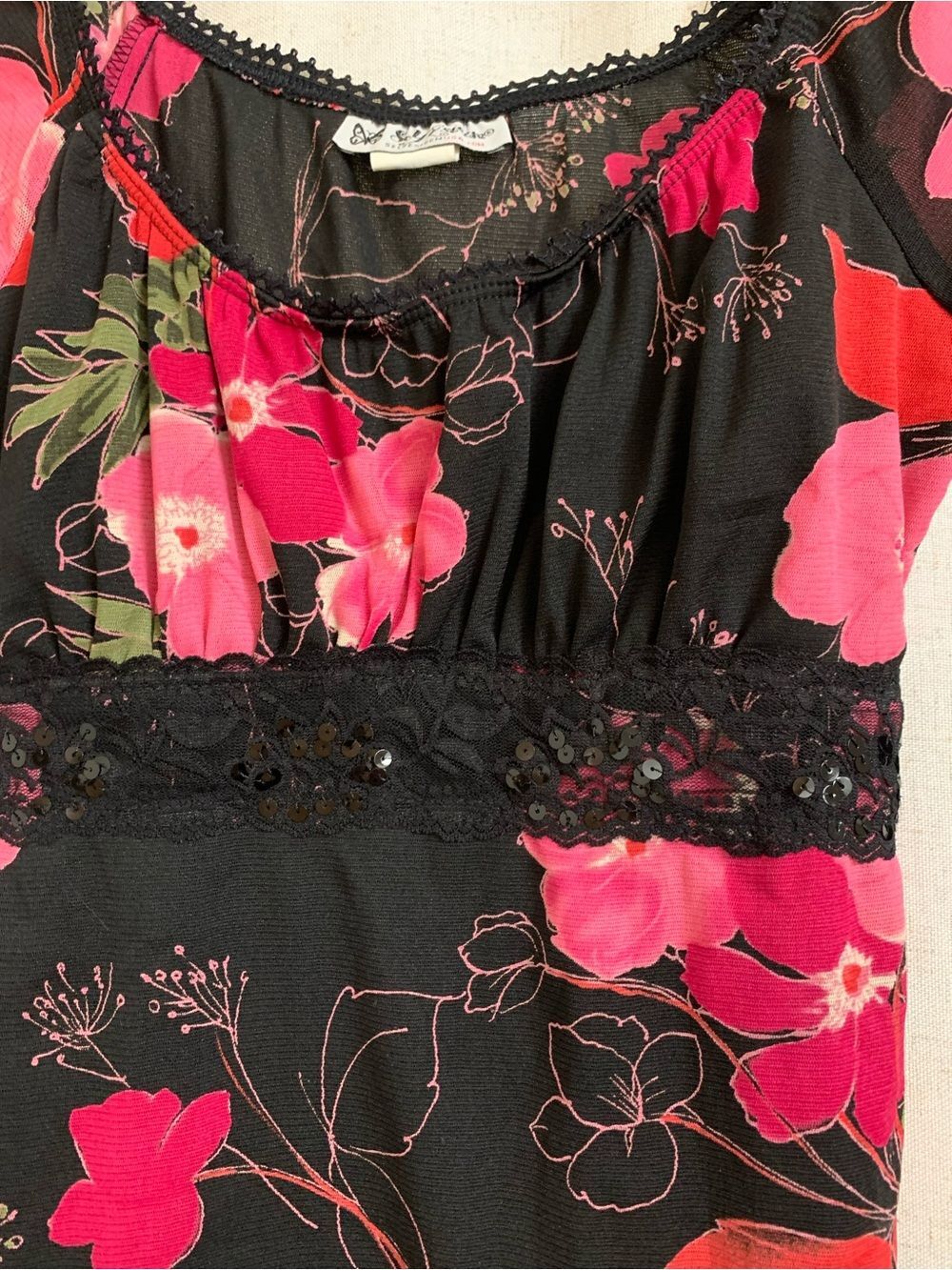 Self Esteem USA Y2K Black Floral Scoop Neck Long Sleeve Top Med Romantic Fairy - Picture 3 of 7
